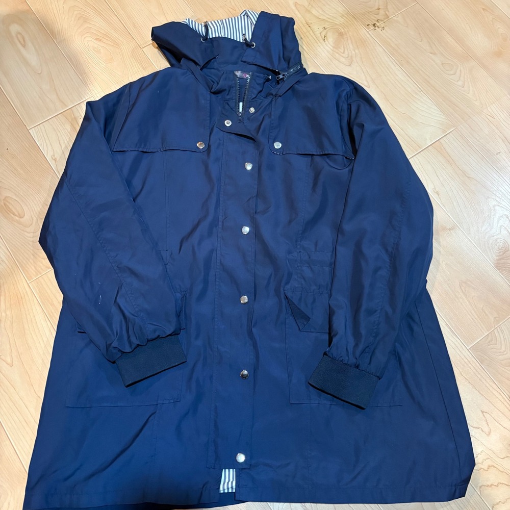 Bloggerlove Navy Blue Hooded Raincoat Striped Lining XXL Full Zip Snap Windbreak